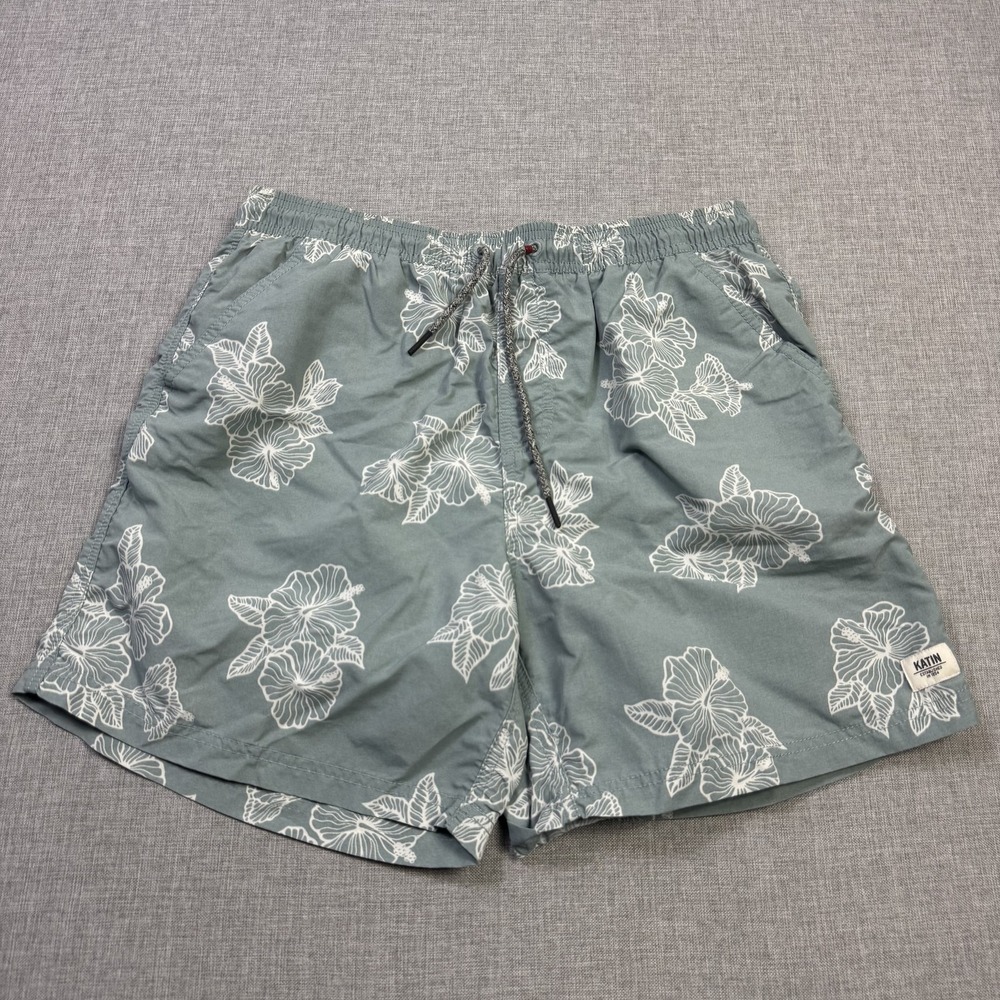 Katin Swim Trunks Shorts Mens L Green Floral Lined Drawstring Pockets Quick Dry